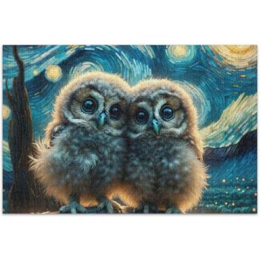 Imagem de Quebra-cabeça personalizado com corujas fofas e estreladas, 500 peças, adultos, animal, arte colorida, divertido, jogo de quebra-cabeça, presentes tecnológicos, 51 x 35 cm
