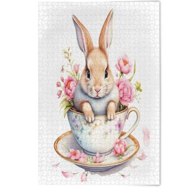 Imagem de Jigsaw Puzzles 500 Pieces for Adult Watercolor Rabbit Teacup Flowers White Elephants Gifts Puzzle Cool Creative Puzzles Artwork Animal Print, 500 Pieces, 20.5" x 14.9"