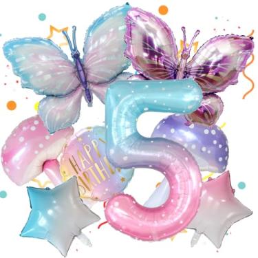 Imagem de 8 balões de borboleta, cogumelo, estrela, feliz aniversário redondo e balão colorido número 5 de 101 cm para decoração de festa de 5º aniversário de meninas Fariy. (5º)