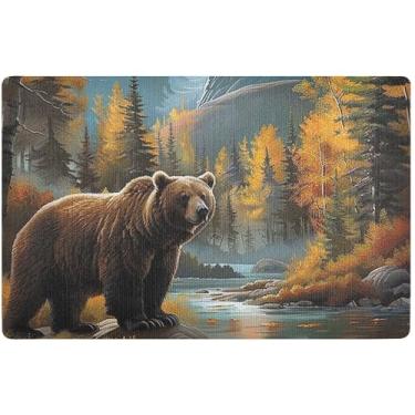 Imagem de TSENQUE Tapete de porta de outono de urso marrom com paisagem personalizado, tapete divertido de outono, tapete de boas-vindas absorvente lavável tapete de porta da frente entrada interna 81 x 50 cm