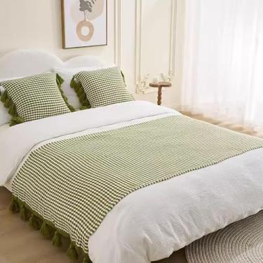 Imagem de HSTANGKY Lenço de cama de hotel moderno toalha de cama com franjas, borlas penduradas, cor sólida, listrada, roupa de cama decorativa, plissada, protetor de cama verde||90 x 230 cm para cama de 1,8 m
