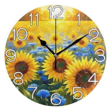 Imagem de GAIGEO Relógio de parede decorativo analógico redondo sem tique-taque silencioso para sala de aula, relógio de escritório, retrô moderno art déco decoração de parede floral amarelo vibrante, 25 cm