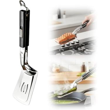 Imagem de Braçadeira de aço inoxidável 2026, pinça de espátula de cabo estendido antiescaldante, multifuncional de aço inoxidável para churrasco, alimentos, grampo flip para grelhar ao ar livre e cozinhar na