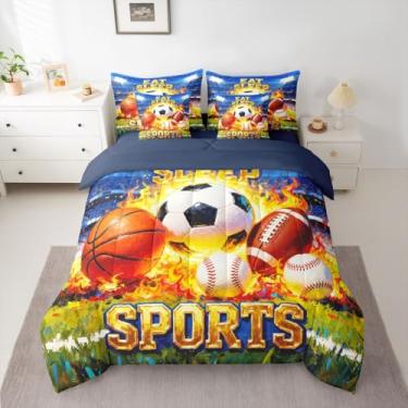 Imagem de Feelyou Conjunto de edredom esportivo com 7 peças, solteiro, futebol americano, beisebol, basquete, para crianças, meninos, meninas, colorido, decoração de quarto de crianças, meninos e meninas, macio