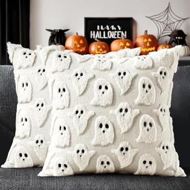 Imagem de MIULEE Capas de travesseiro de Halloween fantasma fofo conjunto de 2 fronhas decorativas de pele sintética de pelúcia macia para sofá, cama, varanda, sala de estar, decoração de Halloween, 50,8 x 50,8