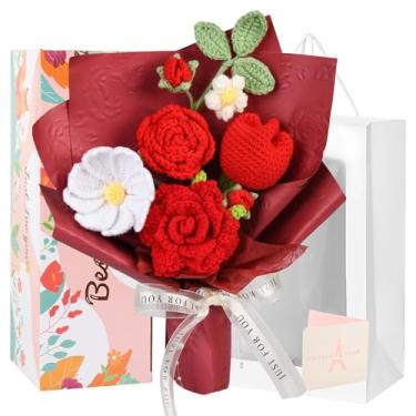 Imagem de Buquê de flores de crochê rosa vermelha, flores tricotadas feitas à mão para decoração de casa de Halloween, aniversário, casamento, aniversário, presente de formatura para ela, namorada, esposa