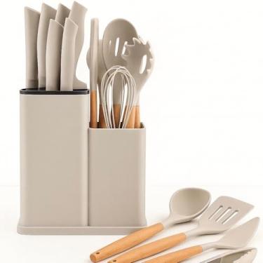 Imagem de Kit de Utensílios de Cozinha premium | 19 Peças: Espatulas, Facas, Tábua | Bambu + Silicone (Bege,Oval)