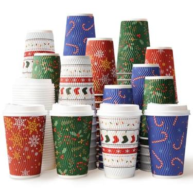 Imagem de Xícaras de café descartáveis de Natal de 473 ml com tampas, xícaras de café Christmas To Go, copo de papel de parede dupla ondulado isolado para cacau quente, chocolate quente, suprimentos para