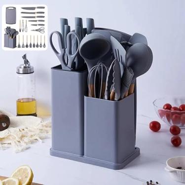 Imagem de Kit Utensílios de Cozinha Completo 19 Peças em Silicone com Cabo de Madeira, Facas, Tábua e Tesoura – Resistente ao Calor 230°C(Cinza)