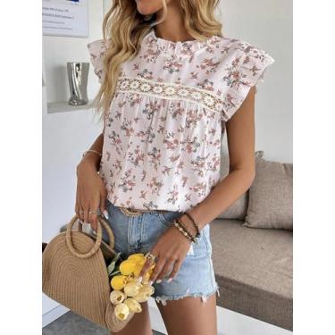Imagem de Blusa feminina floral rosa - blusa com babados e manga cavada com acabamento em renda, rosa, M