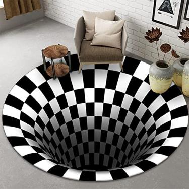 Imagem de Tapete redondo com ilusão de vórtice 3D, preto, branco, xadrez, tapete óptico visual 3D para quarto, sala de estar, decoração de casa, tapete redondo antiderrapante, C, diâmetro 60 cm