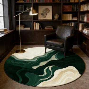Imagem de AQQA Tapete redondo lavável abstrato verde e bege - Tapete antiderrapante macio de 1,2 m, tapetes finos de lã sintética para sala de estar, quarto, casa de fazenda, sala de jantar, sala de jogos