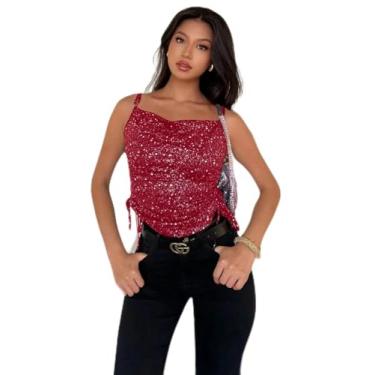 Imagem de Blusa feminina de lantejoulas vermelhas – alças finas franzidas nas laterais, Vermelho, M