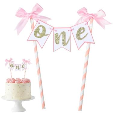 Imagem de One Pink Bow Cake Topper For 1st Birthday Girl Celebrations Pink Bow Ribbon Cake Topper For Memorable First Birthday Cake Decorations For Baby Shower Party Supplies