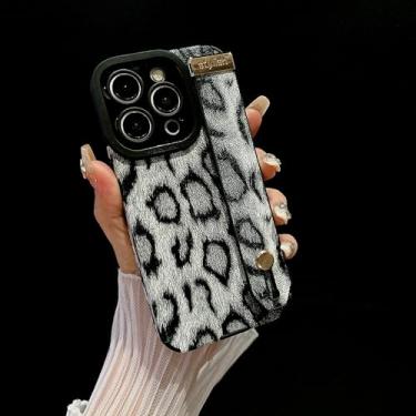 Imagem de IRTGFG Para iPhone 16 Pro, suporte de pulseira com estampa de leopardo, capa de couro com amortecedor e suporte de silicone macio (para iPhone 16 Pro/preto e cinza)