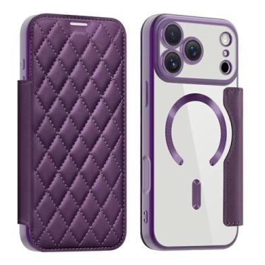 Imagem de SFDSUH Capa carteira de couro resistente a impactos com porta-cartões e carregamento sem fio magnético para iPhone 16 Plus (Para iPhone 16 Plus/Roxo)