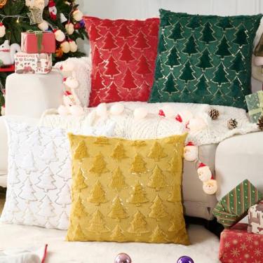 Imagem de Volcanics Conjunto de 4 capas de almofada de árvore de Natal 50 x 50 – Capas de almofada decorativas de pelúcia macia com design de lantejoulas brilhantes, fronhas festivas para sofá, sofá e decoração