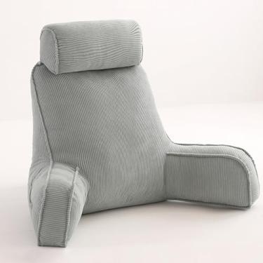 Imagem de CYTJHMD Almofada de leitura, almofada de encosto para cama, almofada de apoio para as costas da cama com encosto de cabeça e braços, capa lavável removível e rolo de pescoço removível, azul cinza, 80