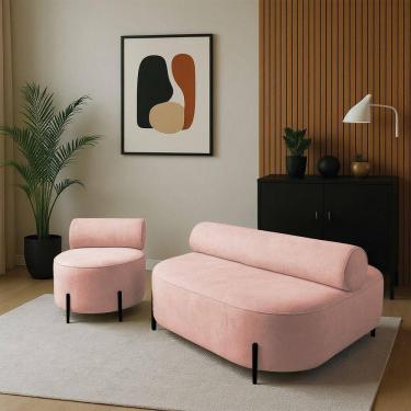 Imagem de Sofá Sala Ilha Orgânico E 1 Poltrona 125cm éden Pé Aço Preto Bouclê Rosê E03 - D`rossi