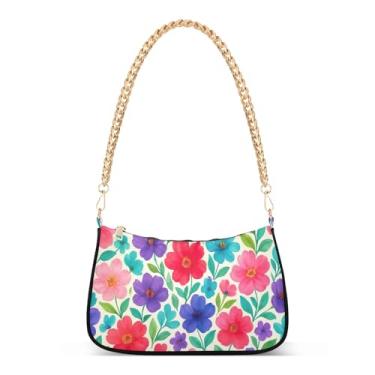 Imagem de Bolsa de ombro com corrente vermelha roxa flor floral aquarela, bolsa feminina Hobo média, linda bolsa noturna para uso diário e festa