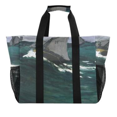 Imagem de Joitme Bolsas femininas Beach Lake lindas sacolas decorativas reutilizáveis para compras bolsa de mantimentos na moda pintura Claude Monet onda verde embalável bolsas de viagem mãe