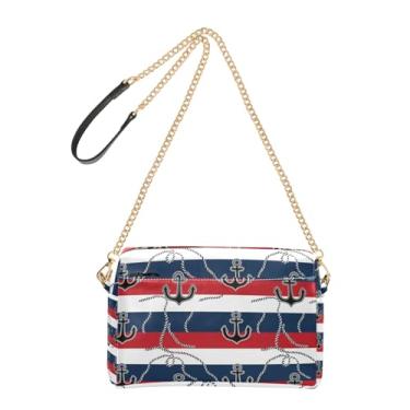 Imagem de Joitme Nautical Anchors Bolsa tiracolo com listras vermelhas azul-marinho para mulheres, alça de corrente, bolsa de ombro de couro PU, bolsa de ombro para celular