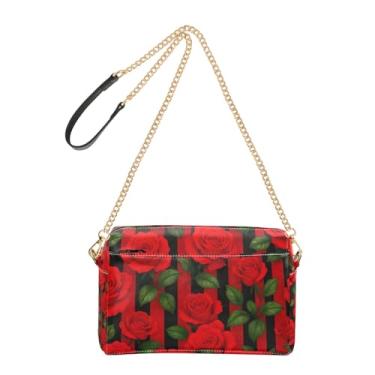 Imagem de Joitme Red Roses Bolsa feminina listrada preta bolsa transversal para celular linda bolsa de ombro de couro PU com alça de corrente