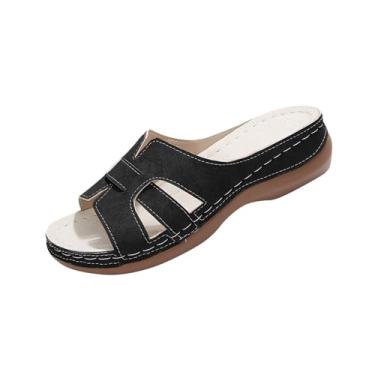 Imagem de Pantufas femininas modernas casuais primavera e verão confortáveis cor sólida boca de peixe bico aberto um pé fundo grosso, Preto, 38