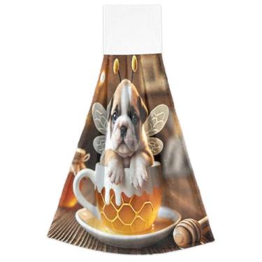 Imagem de Joitme Toalhas de mão de cozinha com laço para pendurar buldogue abelha fofo filhote de cachorro conjunto de 2, toalha de cozinha decorativa ultra absorvente, 46 x 35 centímetros