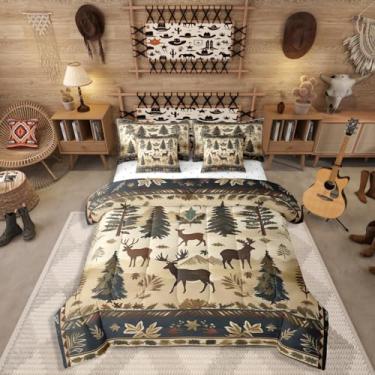 Imagem de Erosebridal Conjunto de cama rústico de veado da floresta, 7 peças, tamanho casal, vintage, animais da floresta, conjunto de edredom com lençóis, retrô, tribal ocidental, étnico, em uma bolsa, caça