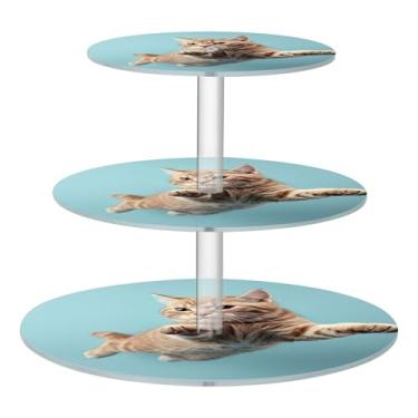 Imagem de Suporte de cupcake de gato fofo fofo para festa de chá azul, 3 camadas, torre de bolo, exibição de acrílico, decoração de mesa de casamento, sobremesa, chá, festa, servir, comida, doces