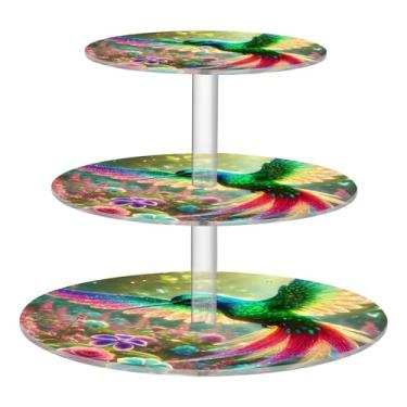 Imagem de Beija-flor vibrante flores de jardim, verde, 3 camadas, suporte de cupcake para chá de festa, torre de bolo, bandeja fofa para servir chá de bebê, mesa de deserto, comida colorida