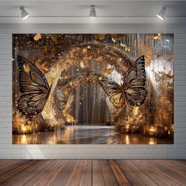 Imagem de KUKUSOUL Pano de fundo de borboleta de ouro preto, 2 x 1,8 m, cenário de arco dourado, decorações de festa com tema de borboleta de casamento, decoração de festa de estúdio de sessão de fotos