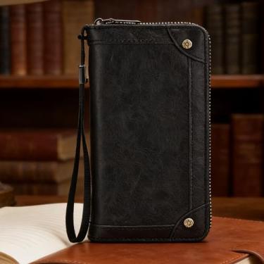 Imagem de Carteira universal simples preta portátil de microfibra brilhante, durável, design simples preto portátil com fivela, microfibra brilhante e material durável resistente ao desgaste