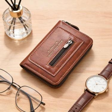 Imagem de Carteira masculina retrô marrom claro com alça horizontal de couro sintético de grão cruzado, design horizontal retrô com alça, couro sintético de grão cruzado, conveniência de transporte fácil