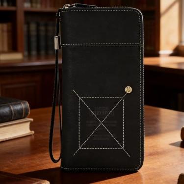 Imagem de Carteira masculina clássica preta de grande capacidade com zíper de microfibra fosca durável, design preto clássico com zíper de grande capacidade com microfibra de grão fosco, material durável