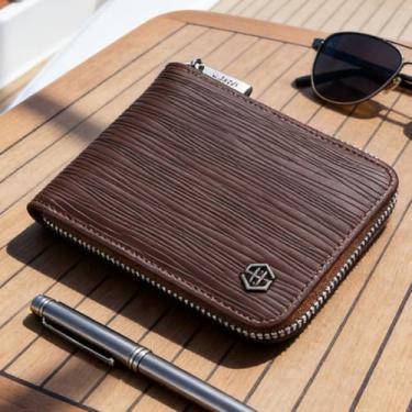 Imagem de Carteira masculina de couro curta com zíper, design com zíper marrom claro (cinza-claro)