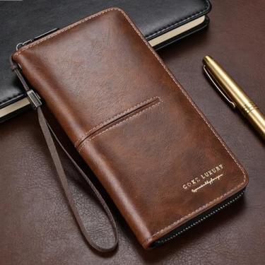 Imagem de Carteira masculina retrô marrom claro portátil de microfibra brilhante resistente à água, design retrô marrom claro portátil com encaixe, microfibra brilhante e recurso resistente à água