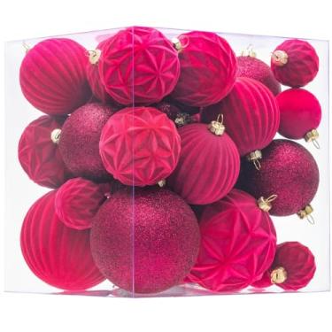 Imagem de Enfeites de bola de Natal de veludo, decorações de árvore de Natal rosa fúcsia, 36 peças, conjunto de enfeites de Natal inquebráveis com 5 estilos em 3 tamanhos (pequeno, médio grande)
