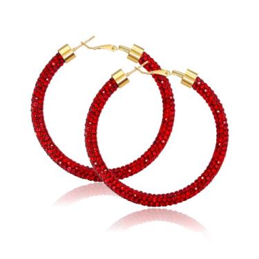 Imagem de Ronglry Brincos de argola de strass para mulheres, brincos de argola com glitter, brincos de argola de prata boêmia, brincos de argola grandes para mulheres, brincos de argola grandes, brincos de