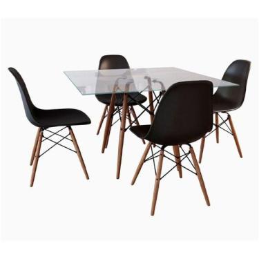 Imagem de Jogo De Mesa Eames Tampo Quadrado Vidro 90cm 4 Cadeiras Pretas - House