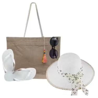 Imagem de Kit Praia Feminino com Bolsa Bege, Chinelo Branco, Chapéu Branco e Óculos de Sol, 4 Peças