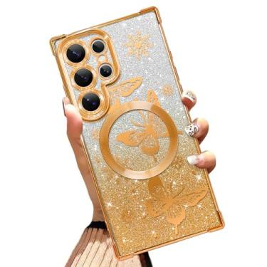 Imagem de Illians Capa magnética feita para Samsung Galaxy S24 Ultra 6,8 polegadas com glitter com design de borboleta dourada cantos reforçados de TPU macio à prova de choque anti-arranhões Bling capa de