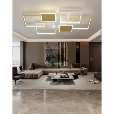 Imagem de Luminária de teto retangular de LED para sala de estar, quarto e sala de visitas - Regulável com controle remoto - Instalação embutida - Dourada (110cm)