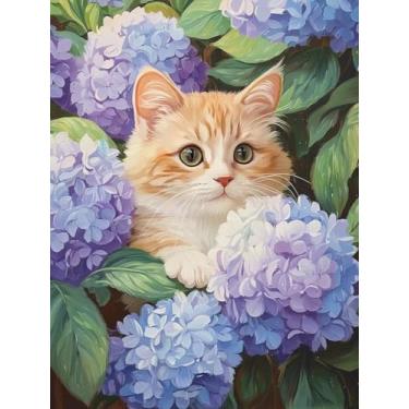 Imagem de ZRIZQ Pintura por números para adultos iniciantes, kits de pintura por números em tela, gatos e hortênsias pintura por números para decoração de parede de casa 40 x 50 cm