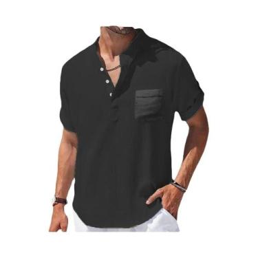 Imagem de Camisa Masculina de Linho Casual - Manga Curta, Gola Alta e Bolso, BR-