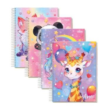 Imagem de Kit 4 Cadernos Espiral Animais Fofos 80 Folhas Capa Dura - Nova Cadern