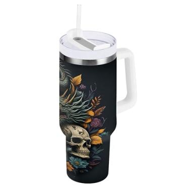 Imagem de SEHANY Copo Skull Gothic de 1,134 g com alça, copo isolado de aço inoxidável de parede dupla, à prova de vazamento, caneca de café isolada para viagem, cabe no suporte de copo de carro