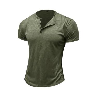 Imagem de Camiseta Henley Masculina De Algodão Para O Verão, Manga Curta, Cor Só