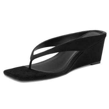 Imagem de Athlefit Sandálias femininas de salto baixo modernas, elegantes, quadradas, abertas, verão, praia, chinelos de dedo, Camurça preta, 40